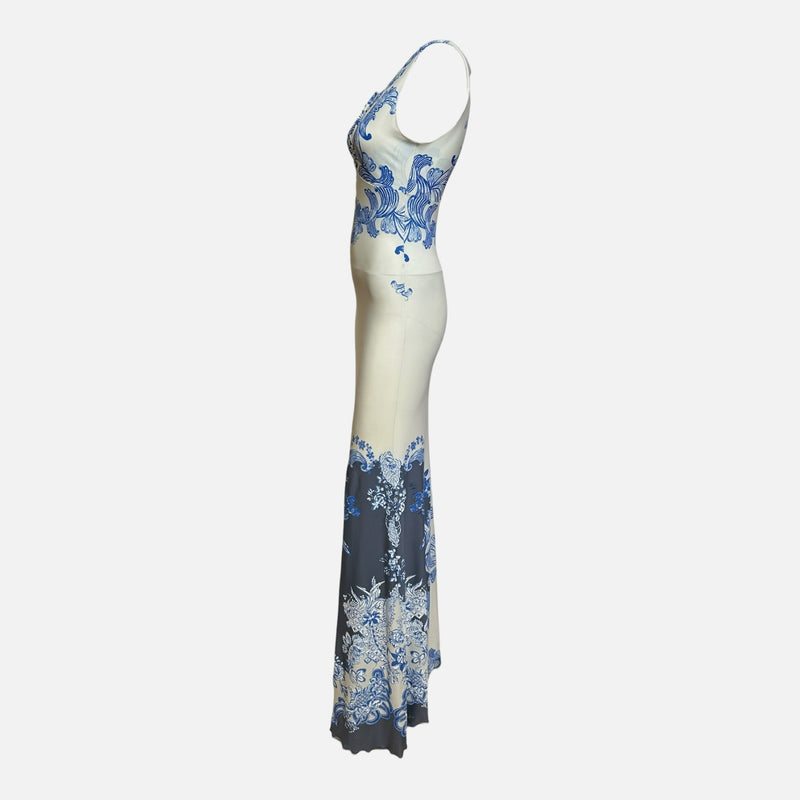 Roberto Cavalli F/W 2007 Ivory And Blue Baroque Floral-Print Maxi Dress