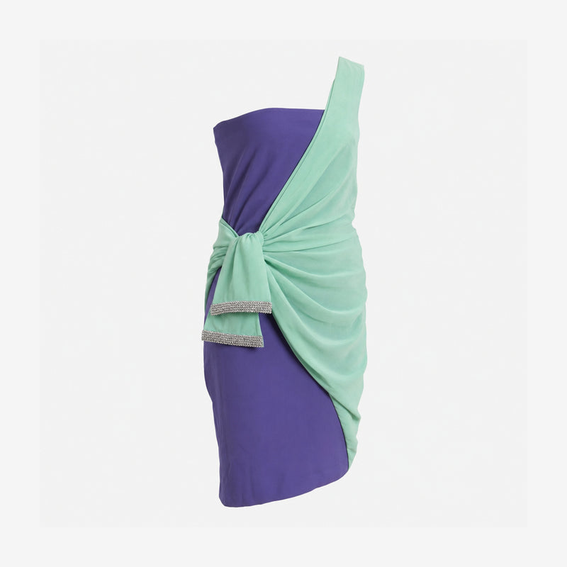 Valentino S/S 2008 Purple And Mint Colour-Block Rhinestone-Trimmed Draped Mini Dress