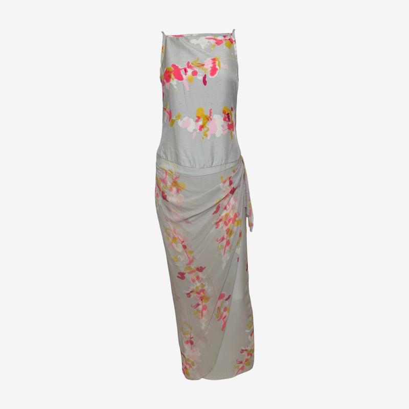 Christian Lacroix S/S 1999 Grey Floral-Print Draped Silk Maxi Dress