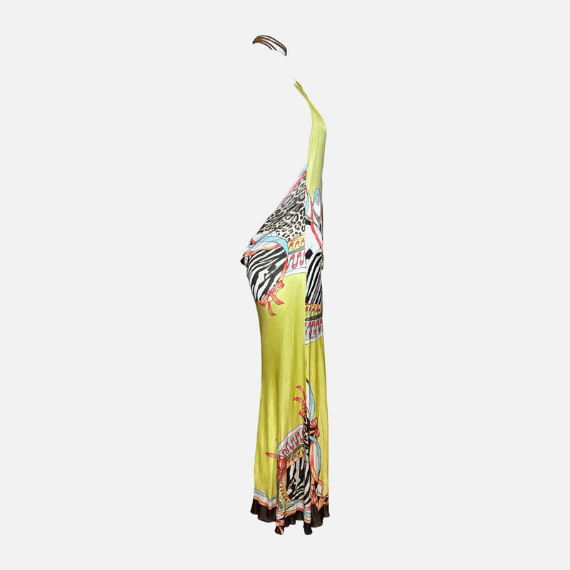Roberto Cavalli S/S 2004 Yellow Animal-Print Halterneck Open-Back Maxi Dress