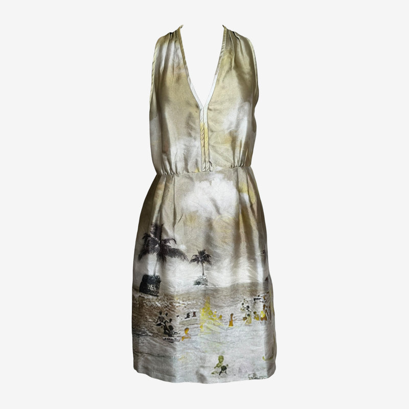 Cream silk halter dress by Prada with tropical photographic print featuring palm trees and sepia-toned figures