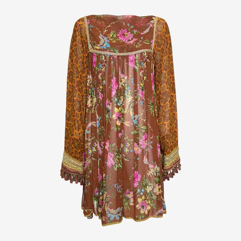 Brown silk dress by Dolce & Gabbana with mixed floral and paisley print, empire waist, metallic braided trim