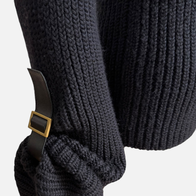 Gucci by Tom Ford F/W 2003 Black Ribbed-Knit One-Shoulder Bell-Sleeve Sweater With Leather Buckle