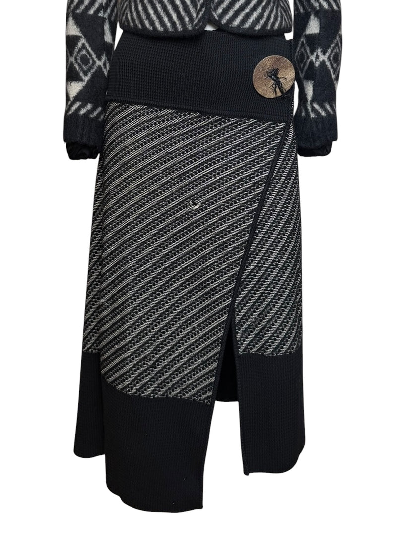 John Galliano F/W 1999 Black & Ivory Chevron Intarsia Cropped Blazer And Midi Skirt Set