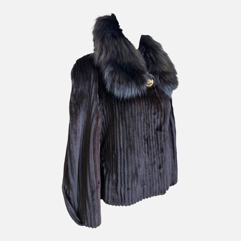 Gucci by Frida Giannini F/W 2008 Black Grooved Mink Fur Jacket With Voluminous Fox Fur Collar And Leather Belt