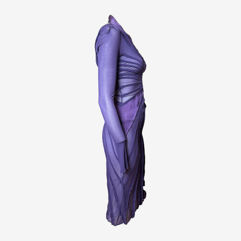Purple pleated midi dress by Gucci Tom Ford, close-up of front bodice with radiating pleats
