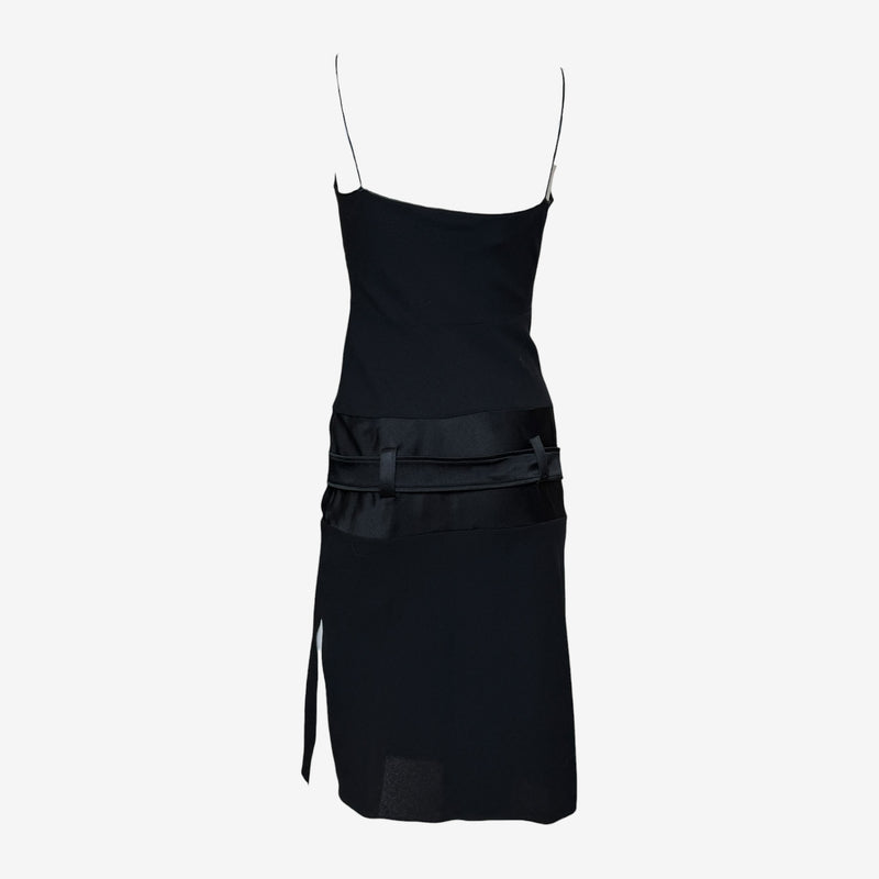 Black wool crepe mini dress by John Galliano, detail of cowl neckline and draped bodice