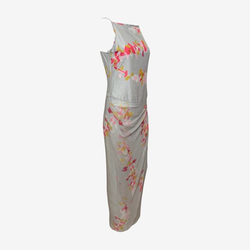 Christian Lacroix S/S 1999 Grey Floral-Print Draped Silk Maxi Dress