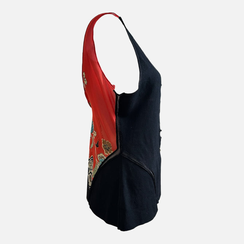 Roberto Cavalli S/S 2003 Black And Red Chinoiserie Floral-Panel Sleeveless Top