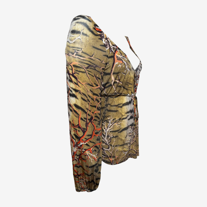 Roberto Cavalli S/S 2005 Tiger And Coral Branch Print Long-Sleeve Blouse