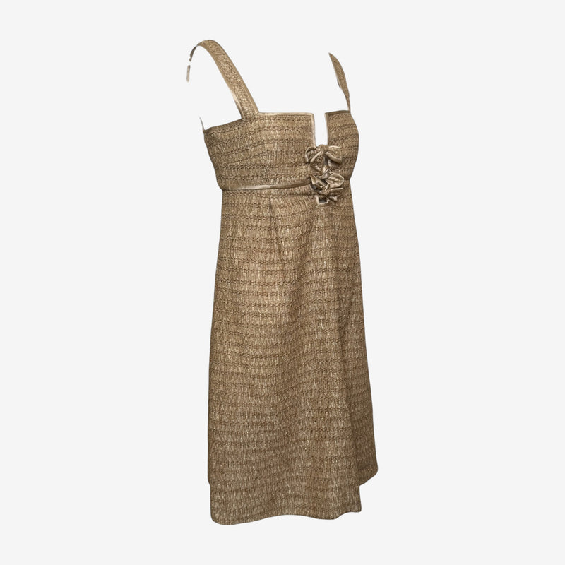 Valentino S/S 2008 Gold Lurex Tweed Square-Neck Bow-Embellished Mini Dress
