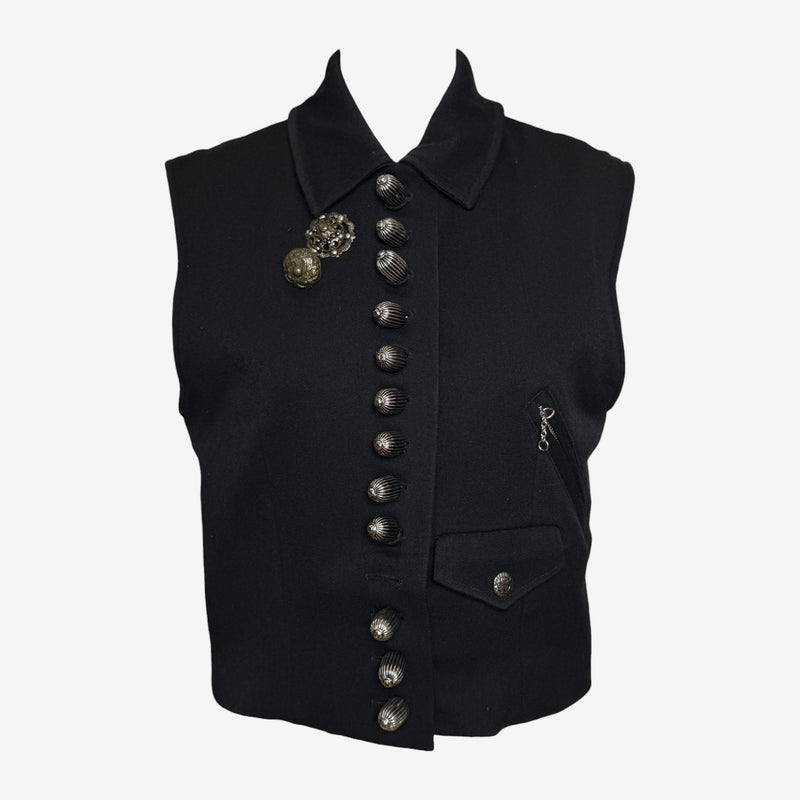 Charcoal melange wool military vest by Helmut Lang, front view with pointed collar and structured silhouette