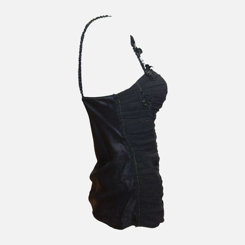 Class Roberto Cavalli Black Ruched Embroidered Crystal-Embellished Bustier Top