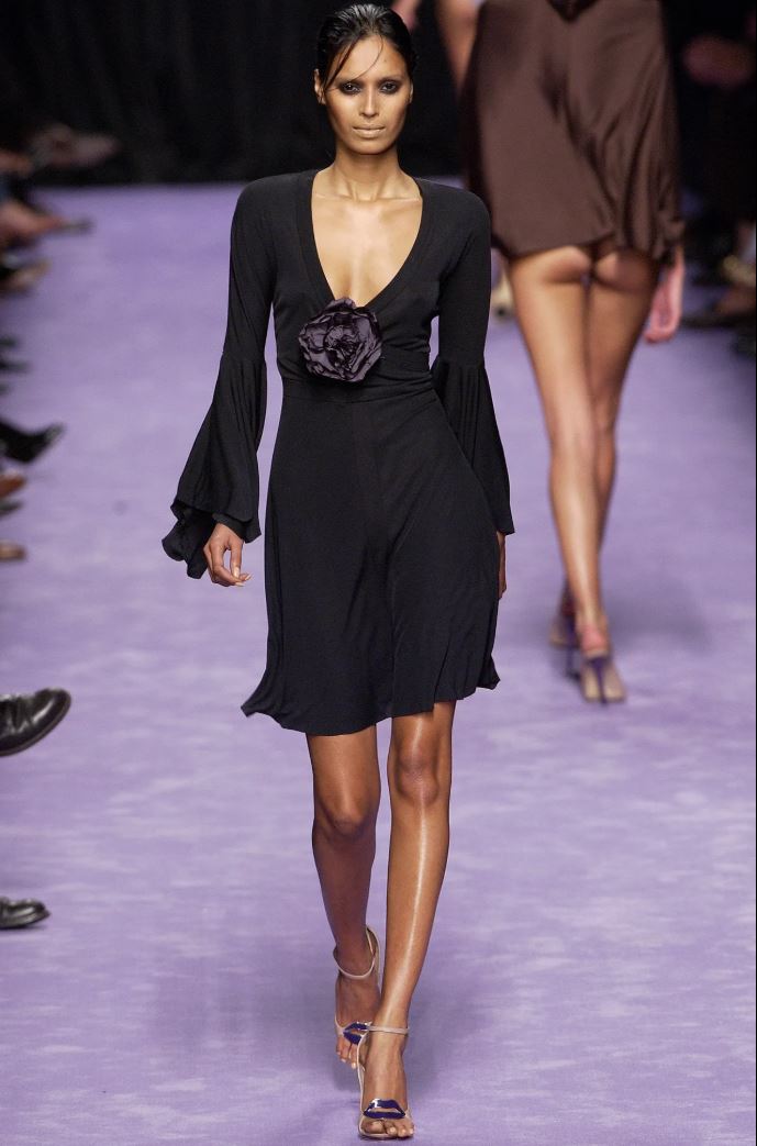 Black jersey top and tiered chiffon skirt by Yves Saint Laurent, Tom Ford era, detail view