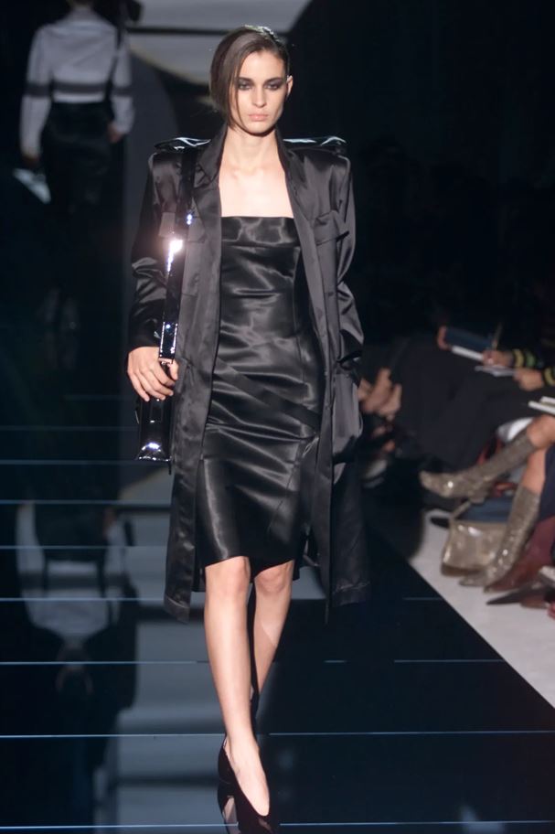 Black satin corset strapless dress by Gucci Tom Ford, corset bodice detail