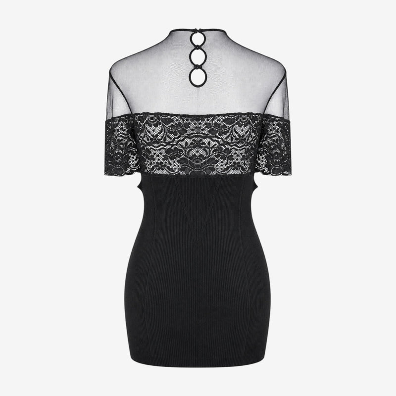 Black ribbed knit midi dress by Jean Paul Gaultier, back view showing lace panel detail