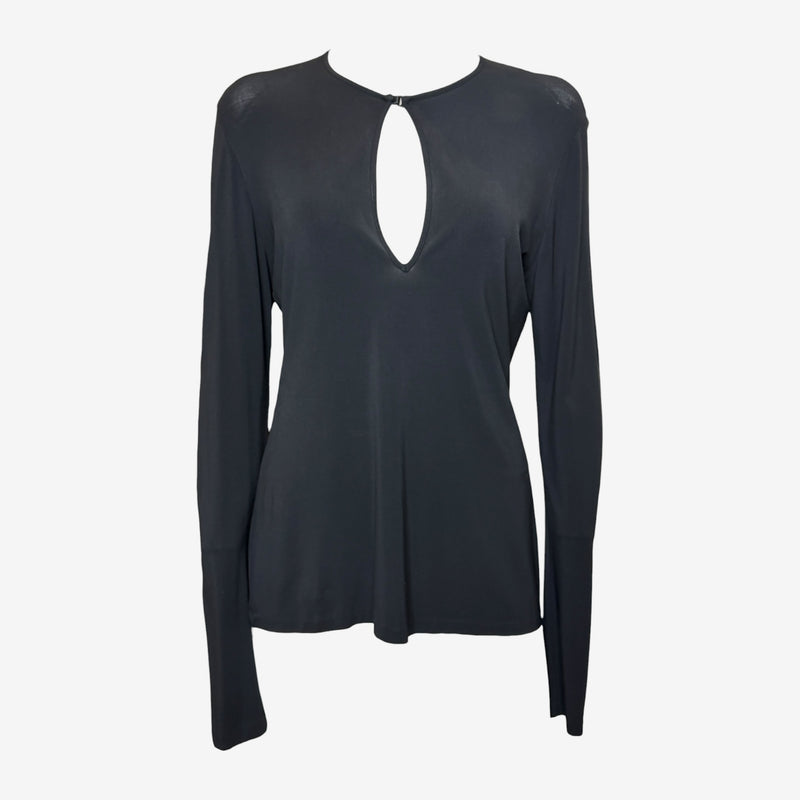 Black stretch jersey keyhole top by Gucci, teardrop cutout at chest with hook closure