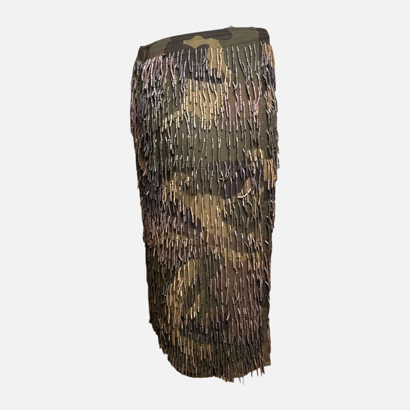 Plein Sud 2000s Khaki Camouflage Bugle-Beaded Pencil Skirt