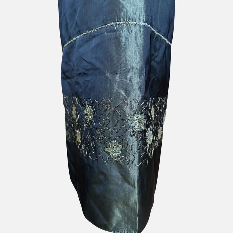 Blumarine F/W 1999 Dark Green Iridescent Taffeta Sequin-Embroidered Maxi Skirt