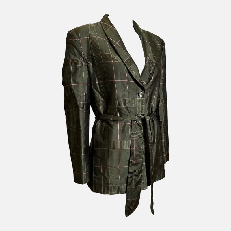 Prada F/W 1997 Olive Iridescent Windowpane-Check Quilted Belted Blazer