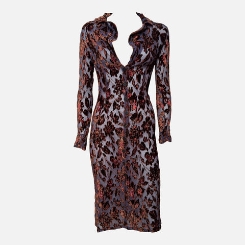 Lolita Lempicka F/W 1997 Slate Blue Floral Velvet Devoré Buttoned Midi Dress