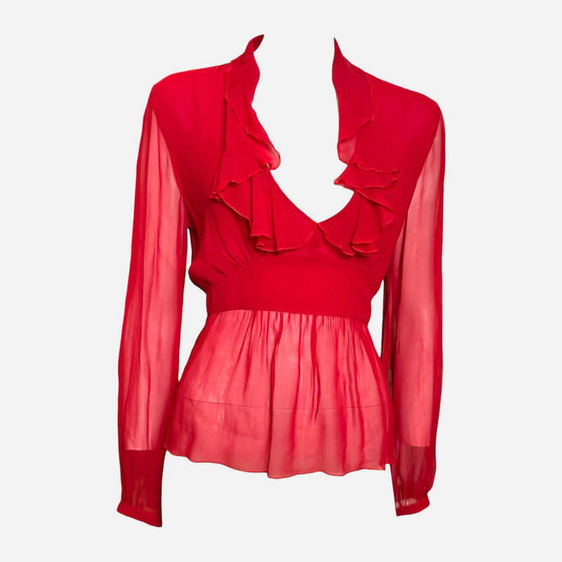 Valentino 2000s Red Sheer Ruffled Peplum Blouse