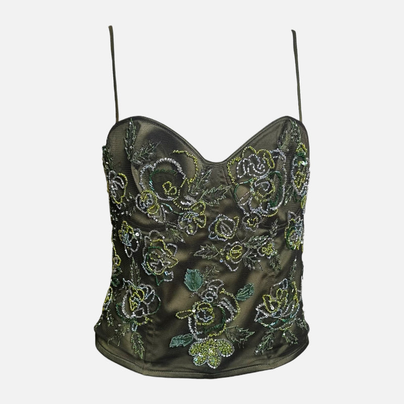 La Perla 1990s Olive Green Beaded Floral-Embellished Corset Top