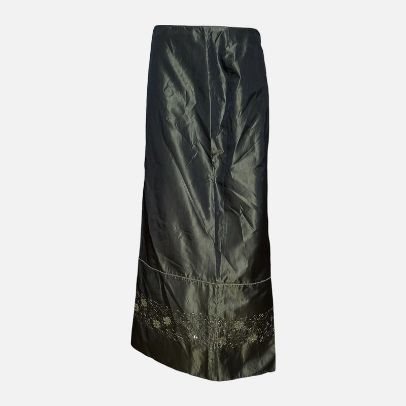 Blumarine F/W 1999 Dark Green Iridescent Taffeta Sequin-Embroidered Maxi Skirt