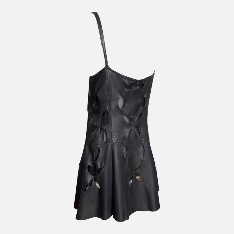 Gianni Versace S/S 1994 Black Leather Cutout-Floral Mini Dress