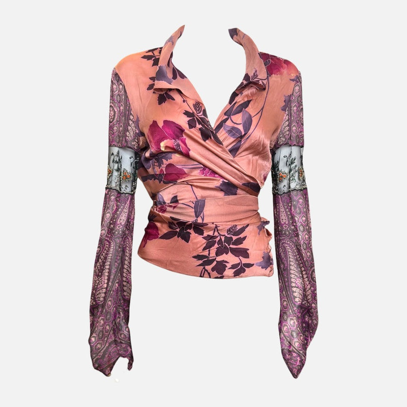 Emanuel Ungaro S/S 2004 Peach Floral & Paisley Print Beaded Lace-Panel Wrap Blouse