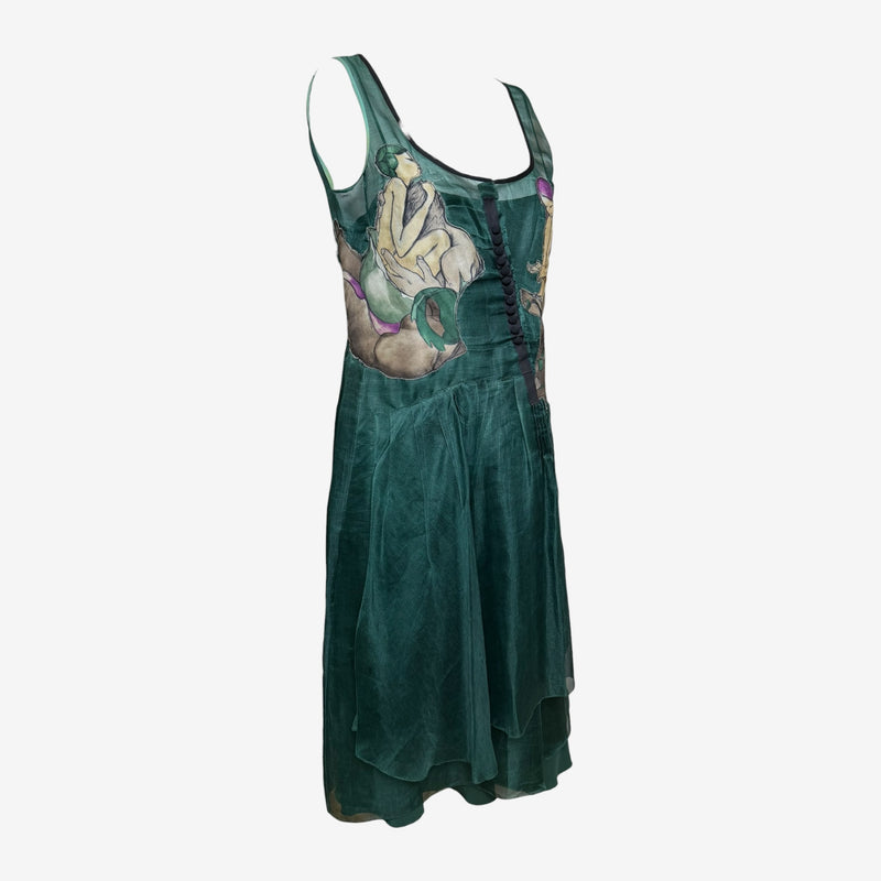Emerald green silk organza dress by Prada, center back invisible zip closure detail