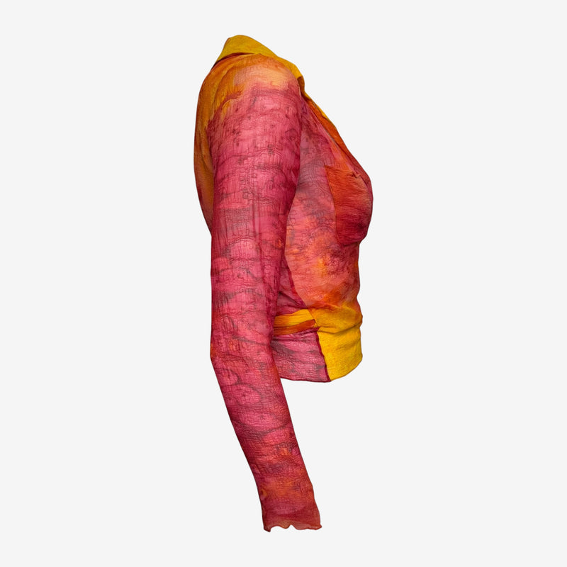 Abstract tie-dye silk chiffon top by Dior, sheer construction with organic color bleeding effects