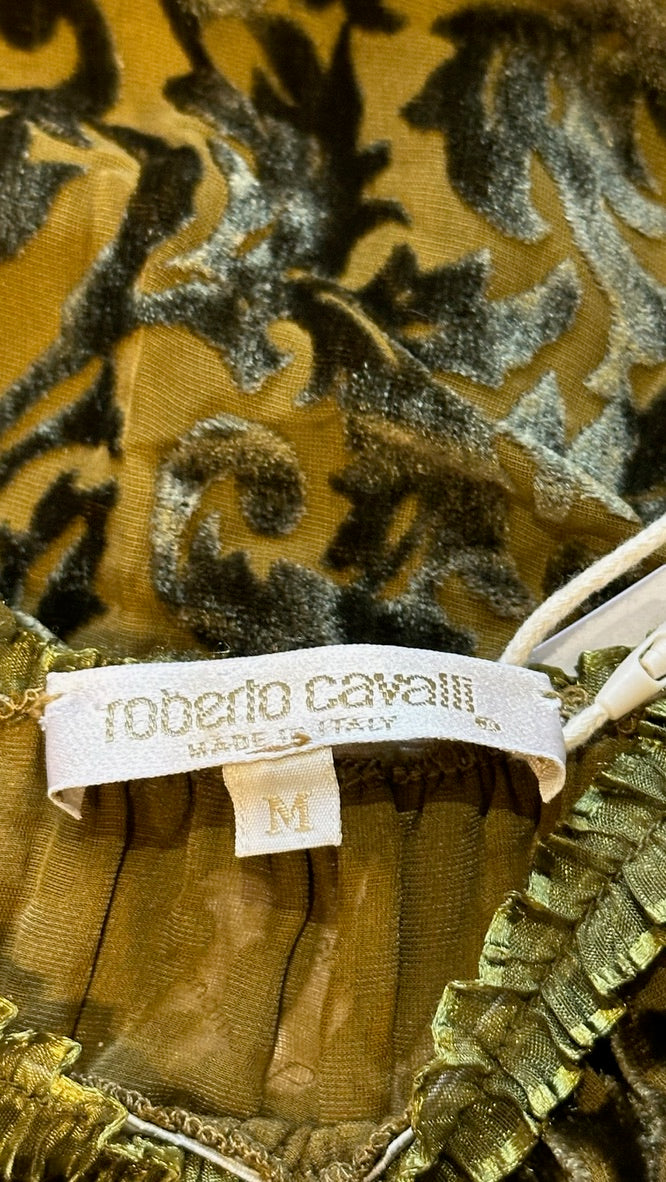 Roberto Cavalli F/W 1997 Olive And Black Velvet Devoré Midi Dress