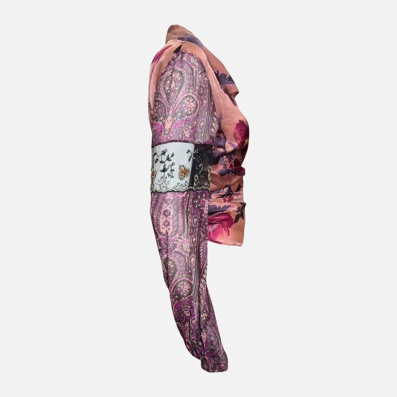 Emanuel Ungaro S/S 2004 Peach Floral & Paisley Print Beaded Lace-Panel Wrap Blouse