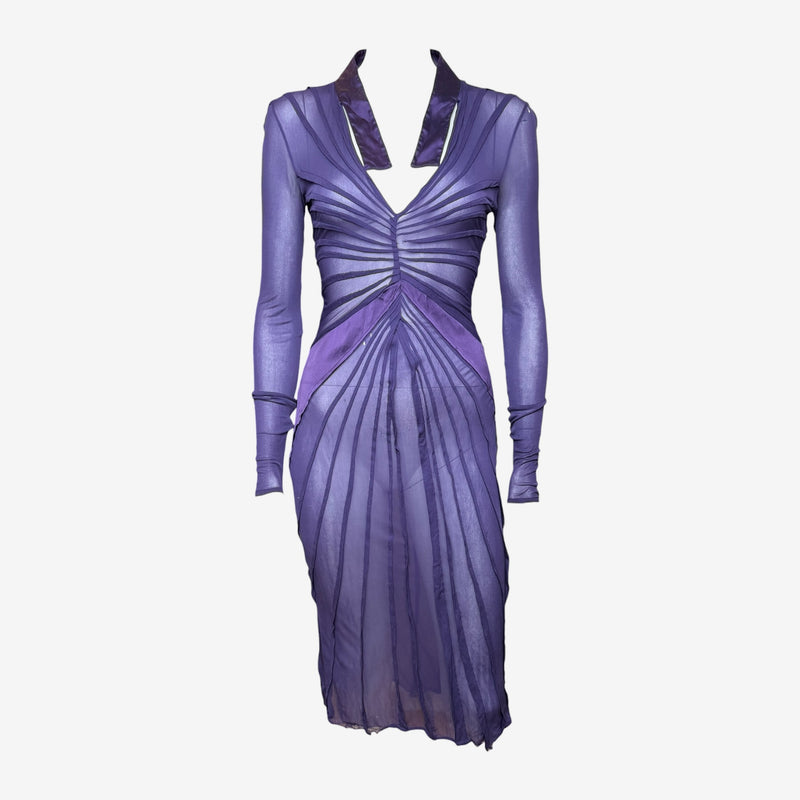 Purple mesh pleated midi dress by Gucci Tom Ford, front view with radiating pleats and deep V-neckline