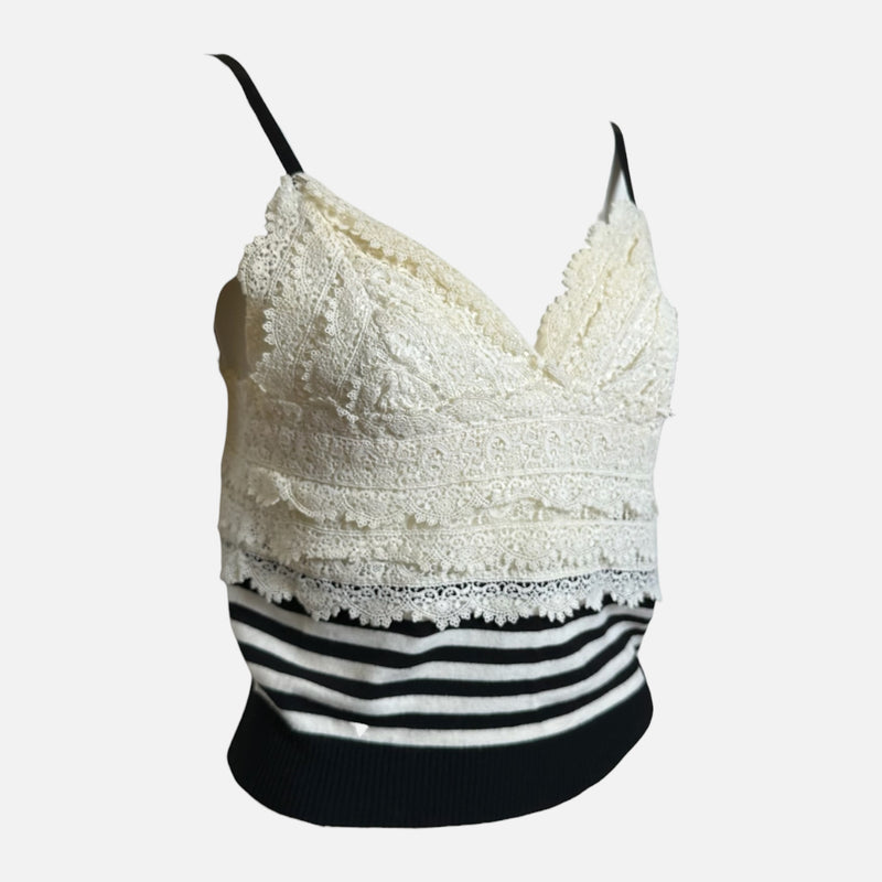 Chanel S/S 2005 Ivory Lace And Black Striped Knit Camisole Top