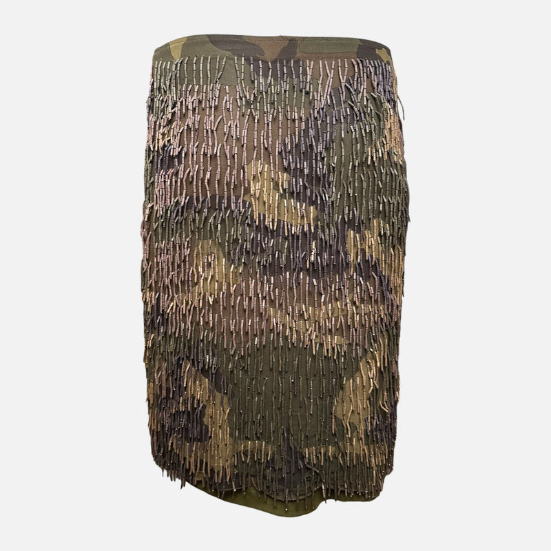 Plein Sud 2000s Khaki Camouflage Bugle-Beaded Pencil Skirt