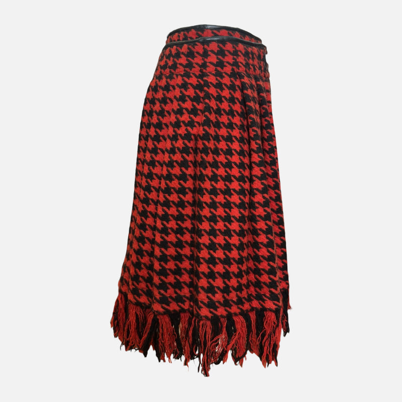 Yohji Yamamoto F/W 2003 Red And Black Houndstooth Fringed Wrap Skirt With Lambskin Waistband