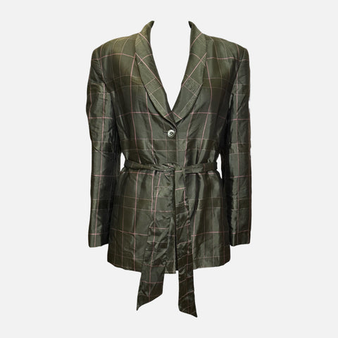 Prada F/W 1997 Olive Iridescent Windowpane-Check Quilted Belted Blazer