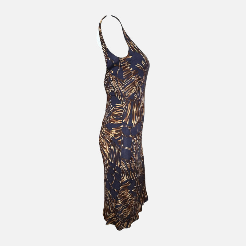 Versace S/S 2006 Navy & Bronze Tropical-Print Body-Con Midi Dress