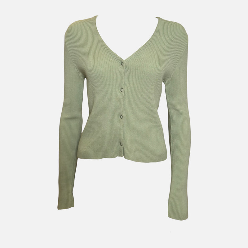 Miu Miu S/S 1998 Sage Green Ribbed-Knit V-Neck Cardigan