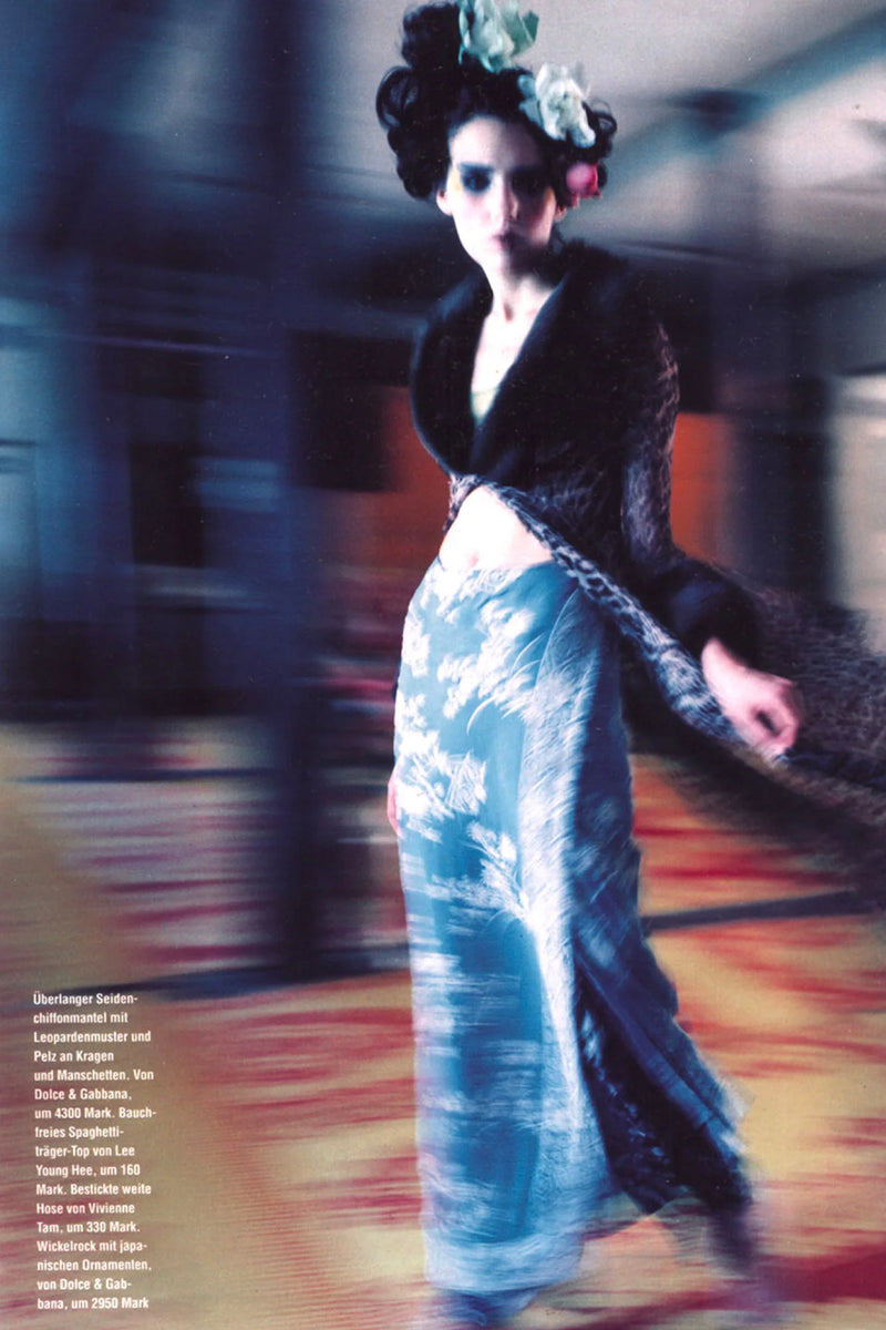 Blue embroidered silk wrap skirt from Dolce & Gabbana S/S 1997, editorial publication