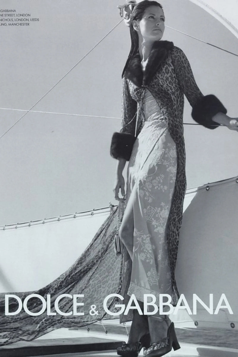 Dolce & Gabbana Spring/Summer 1997 campaign, blue silk wrap skirt with botanical embroidery