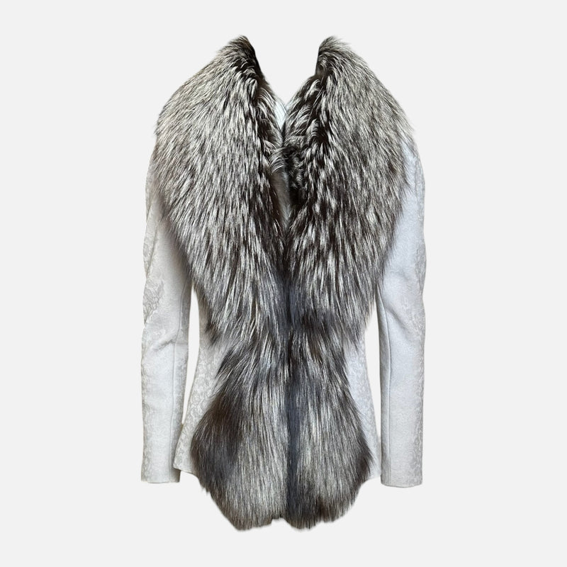 Christian Dior by John Galliano F/W 1998 Ivory Floral Brocade Jacket With Silver Fox Fur Trim