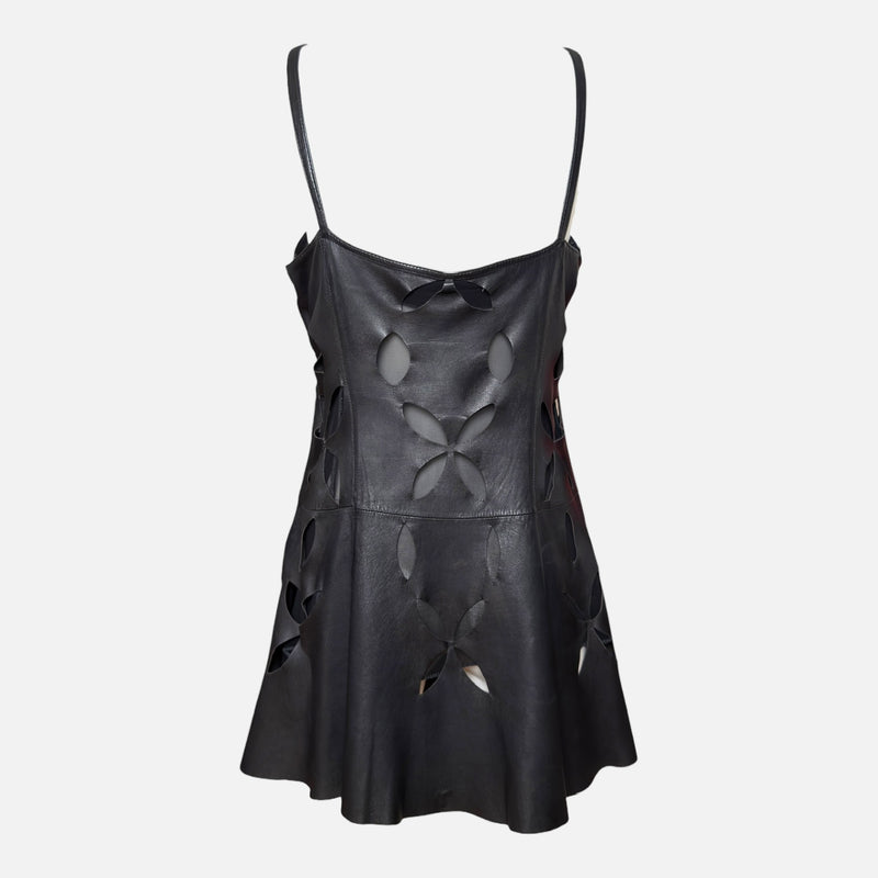 Gianni Versace S/S 1994 Black Leather Cutout-Floral Mini Dress