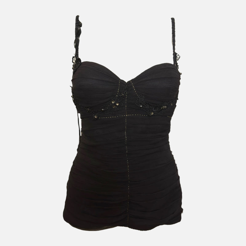 Class Roberto Cavalli Black Ruched Embroidered Crystal-Embellished Bustier Top