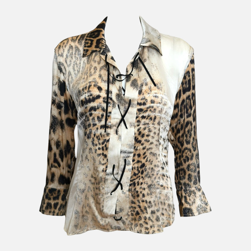Roberto Cavalli F/W 2001 Ivory And Tan Leopard-Print Lace-Up Shirt