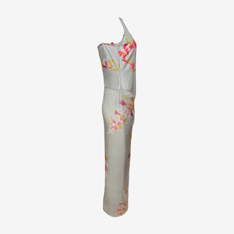 Christian Lacroix S/S 1999 Grey Floral-Print Draped Silk Maxi Dress