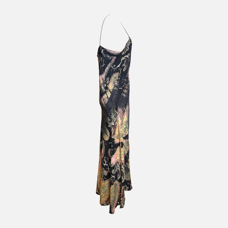 Roberto Cavalli F/W 2002 Black Paisley-Print Bias-Cut Slip Maxi Dress