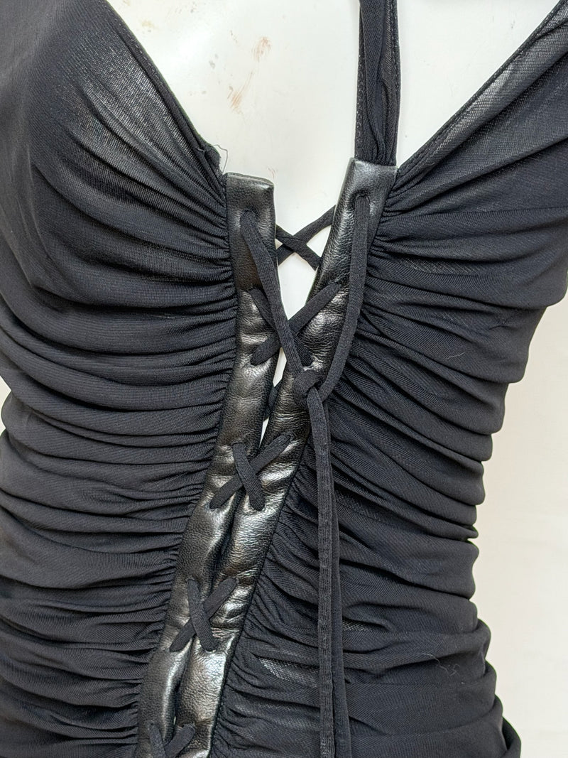 Emanuel Ungaro S/S 2005 Black Ruched Lace-Up Leather-Trimmed Top